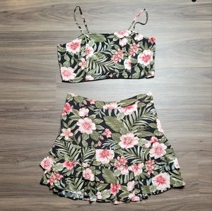 American Eagle Tropical Floral Ruffle Mini Skirt With Mactching Crop Top